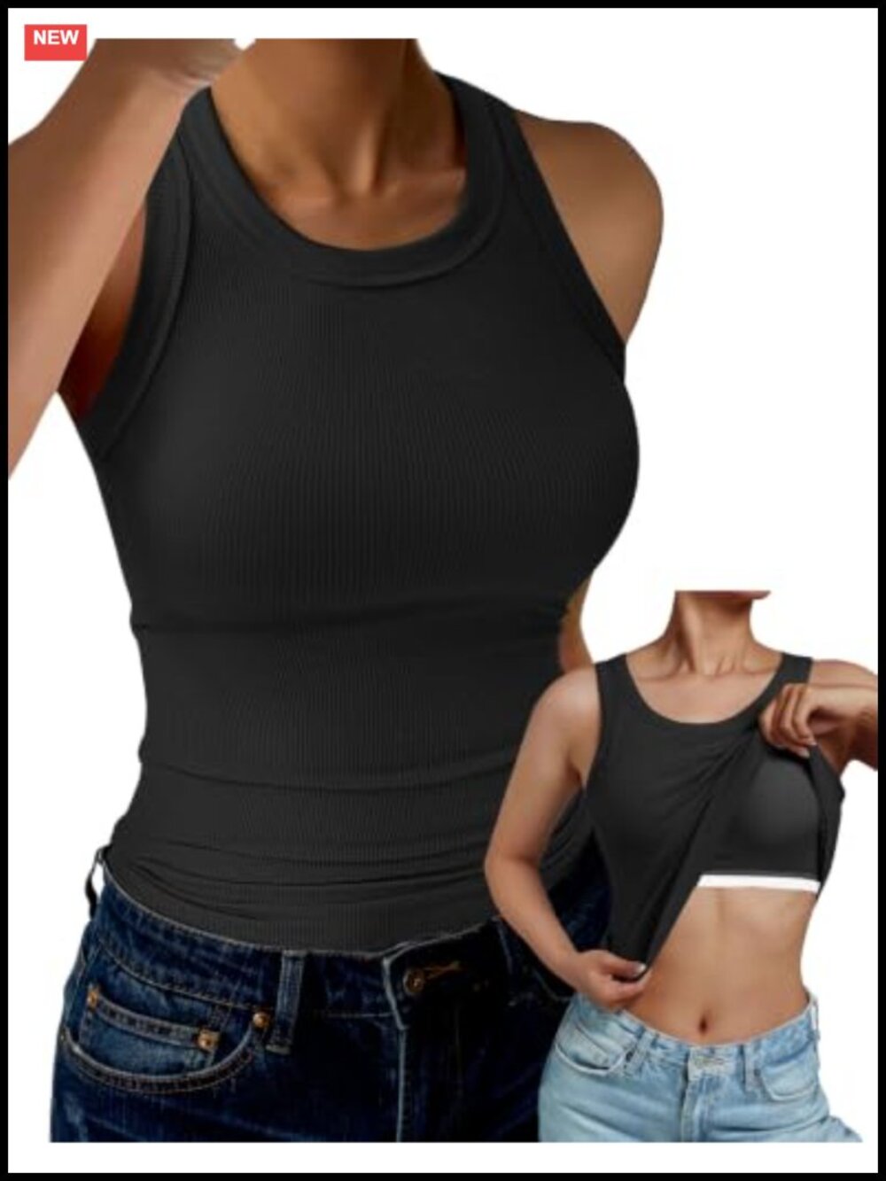 Women's Ribbed Tank Top with Built-in Bra High Neck Racerback Fitted Sleeveless